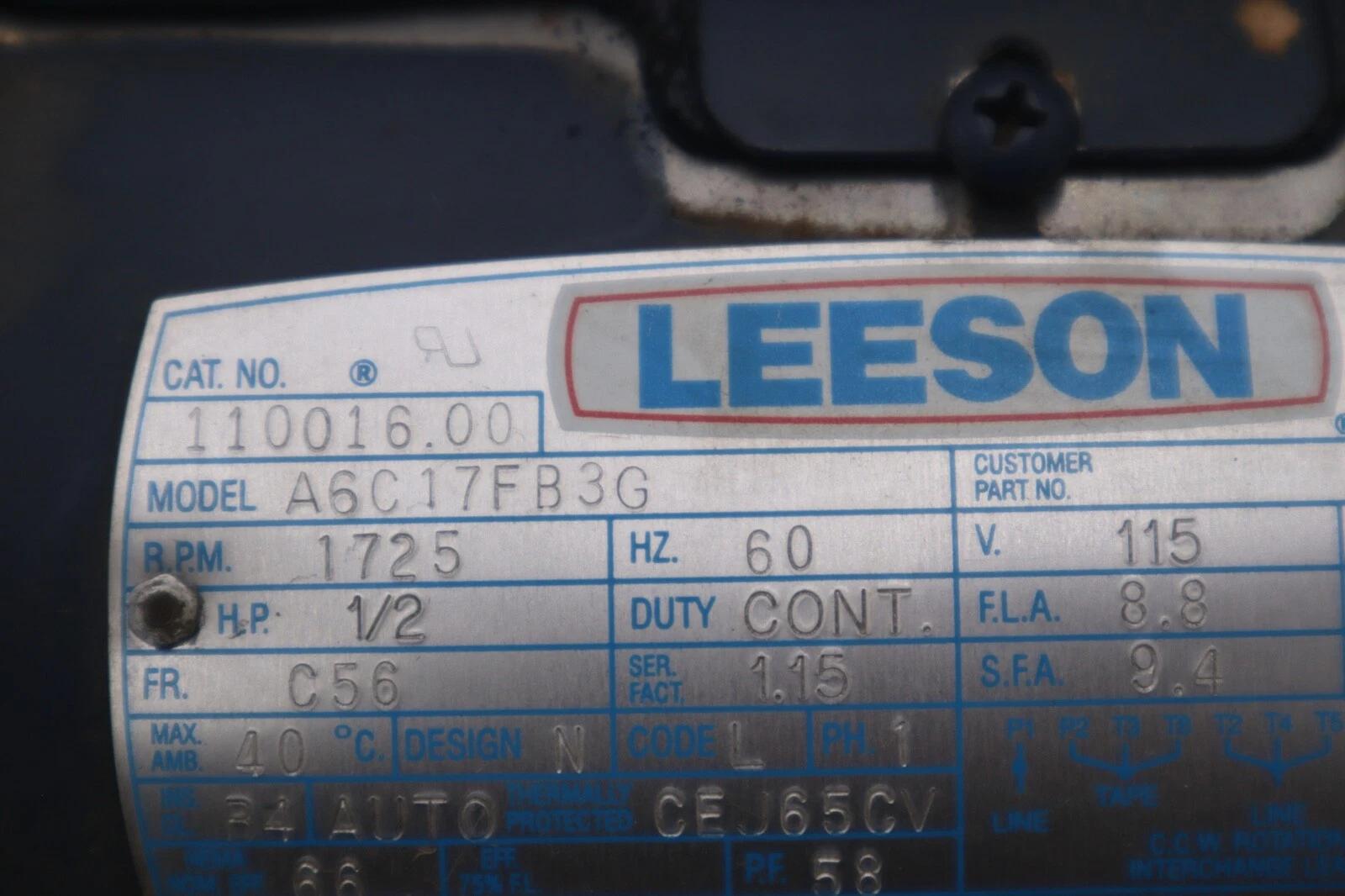 Leeson 110016 a6c17fb3g motor 1/2 hp 115v stock #m-7 - Image 2
