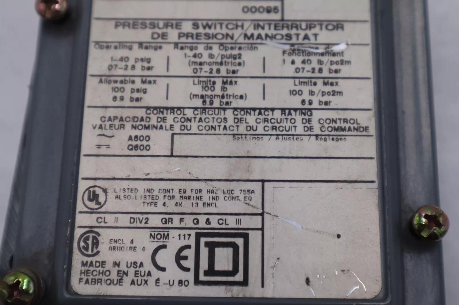 New open box square d 9012 gaw-5 ser c pressure switch stock 5495 - Image 3
