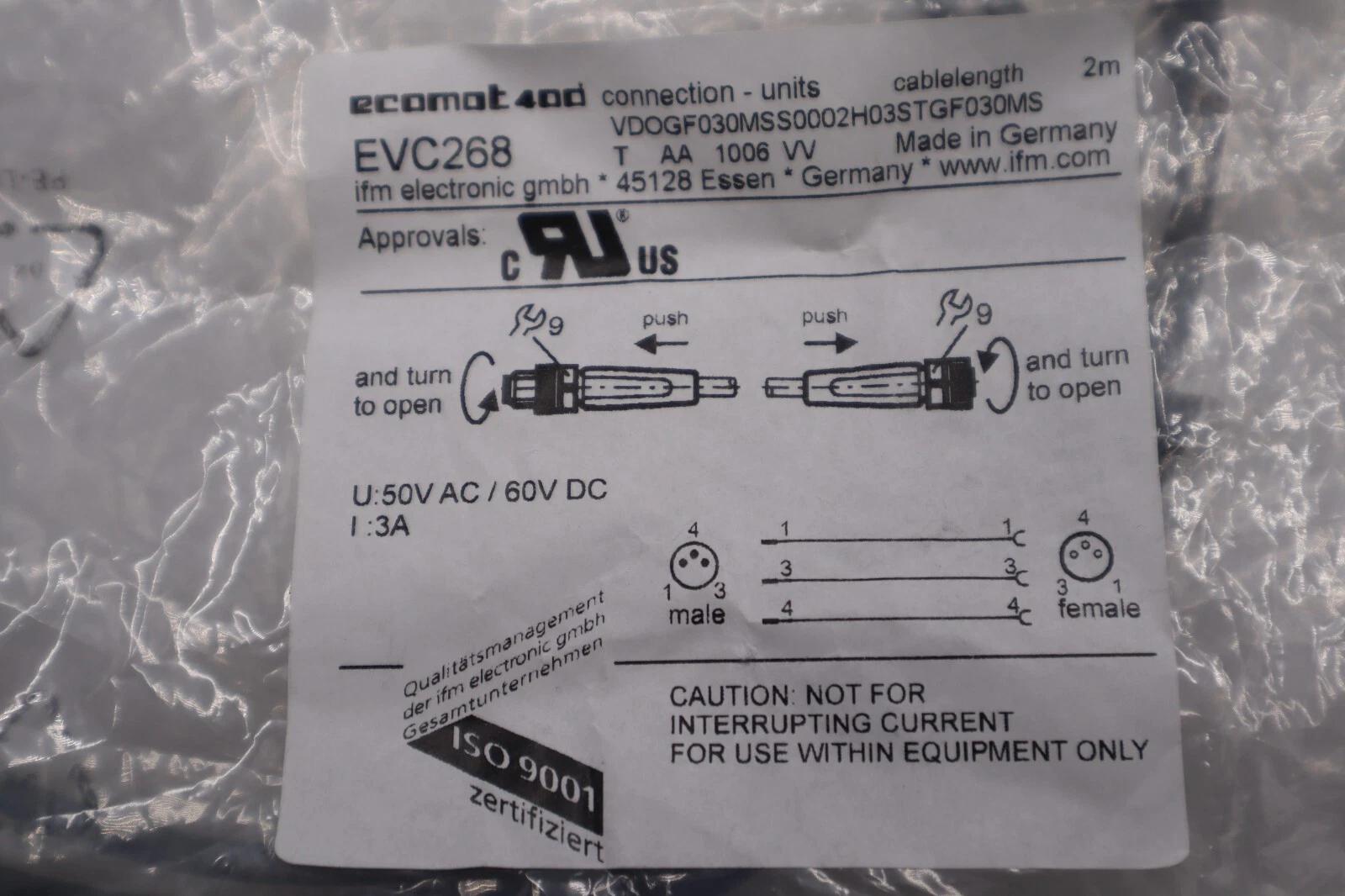 EVC268 Ifm Electronic Patchcord Straight Female To Male M8 2 Meters STOCK K-3901 - Image 1