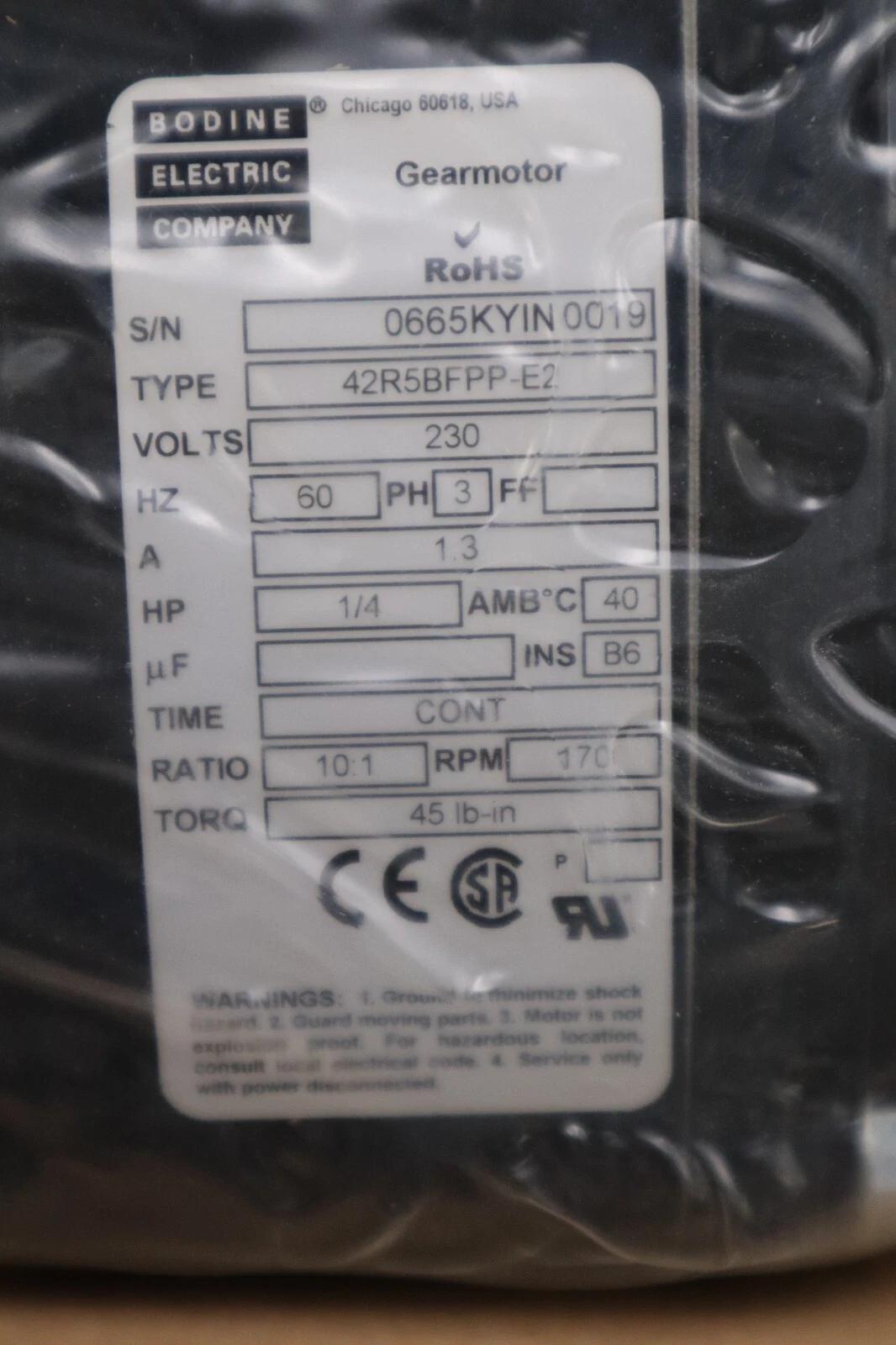 Bodine gear motor 42r5bfpp-e2 230V 3PH 1/4HP 10:1 170 RPM NEW UNIT STOCK H711 - Image 2