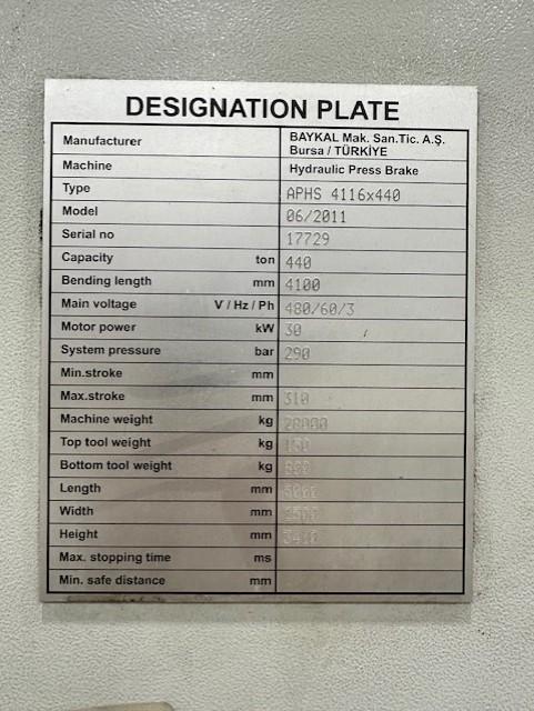 480 Ton, Baykal #APHS-4116X440, hydraulic press brake, 13' 4"OA, 139" between housing, 12.6"stroke - Image 8
