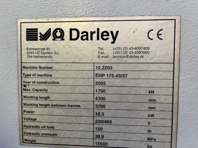 175 Ton, Darley #EHP175.43/37, press brake, 2005 - Image 6