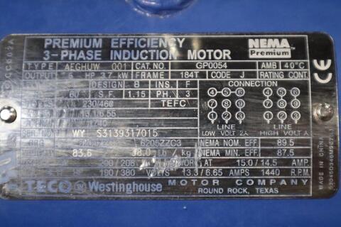 TECO Westinghouse MAX-PE GP0054 TYPE AEGHUW Motor 5 HP STOCK HS30 - Image 2