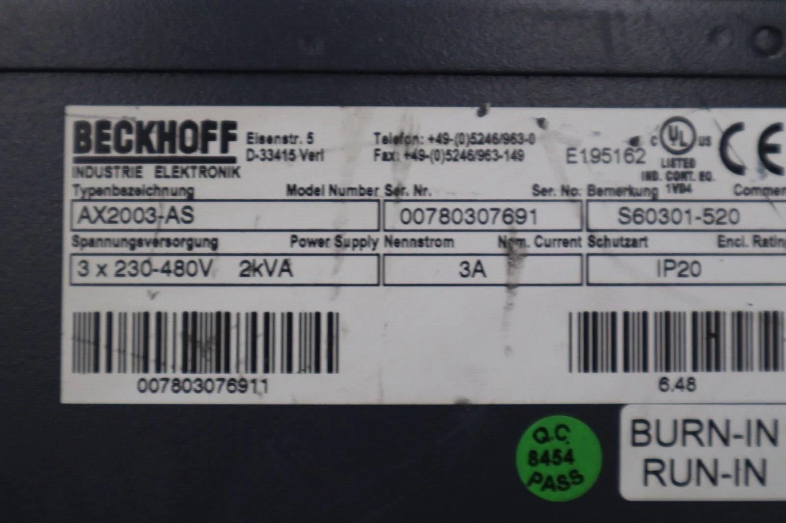 Beckhoff #AX2003-AS S60301-520 Digital Compact Servo Drive Amplifier STK 3439-D - Image 2