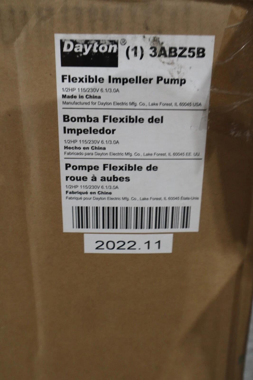 Dayton Flexible Impeller Pump 3ABZ5B 115/230V 1/2HP1740 rpm 11.2/5.6 Amps 3/4NPT - Image 3