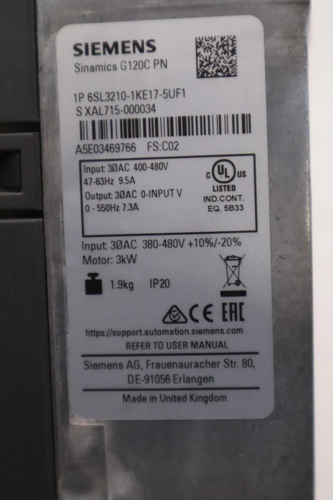 Siemens 6SL3210-1KE17-5UF1 Sinamics Frequency Converter 3.0 kW 4 HP STOCK H1139 - Image 2