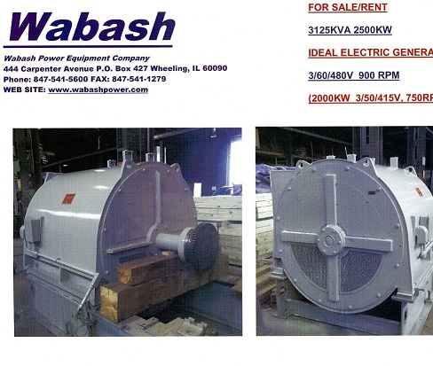 2500 KW, 900 RPM, Ideal, SAB, Frame 21320, 2 bearing, 0.8 S.F.,480 Volts, 1250 hours, Frame BE-14-5 rated KW - Image 1
