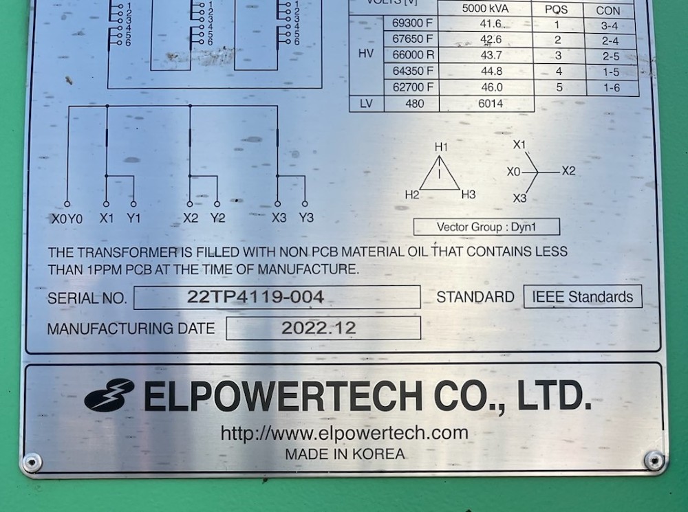 5000 KVA 66000 Primary, 480/277 Secondary, Elpowertech, transformer, 2022 unused - Image 7