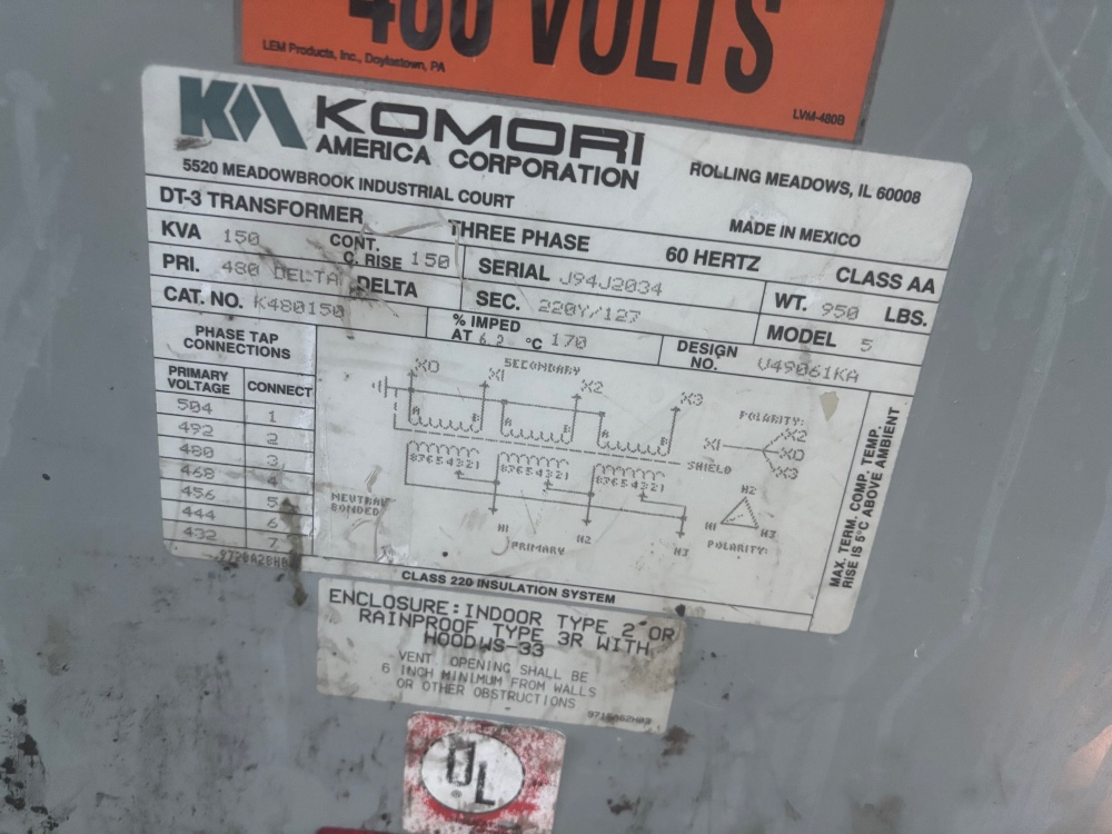 150 KVA 480 Delta Primary, 220Y/127 Secondary, Komori, NEMA I enclosure - Image 2