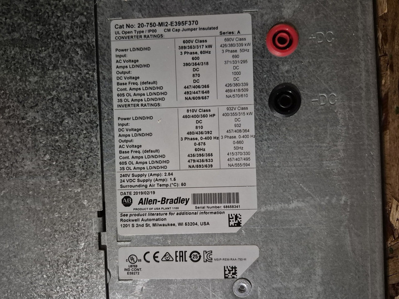 600 HP Allen-Bradley, 20-750-MI2-E395F370, Powerflex 750 VFD, 600 Volts, 3 phase, 2019 - Image 2
