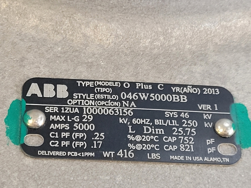 46 KV, ABB, 046W5000BB, 5000 amp transformer bushing type O Plus C, 250 BIL/LIL, 2013 - Image 2