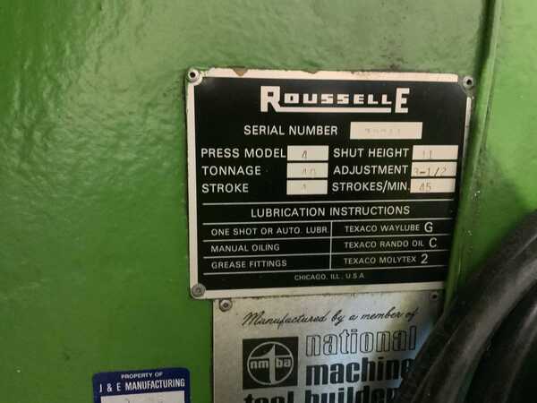 40 Ton, Rousselle #4, OBI back geared press, 4" stroke, 11" Shut Height, air clutch & brake, 45 SPM, 5 HP - Image 8