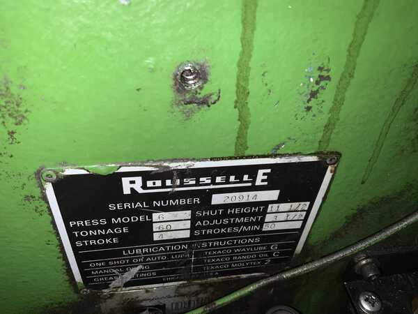 60 Ton, Rousselle #6, OBI back geared press, 4" stroke, 11-1/2" Shut Height, air clutch & brake, 50 SPM - Image 9