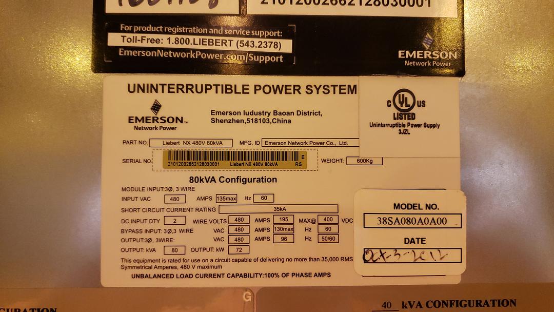 80.0 KVA Liebert #NX, uninterruptible power supplies, 3 wire, w/ Battery Cabinet, 206 A., 480 Volts, 2012 - Image 3