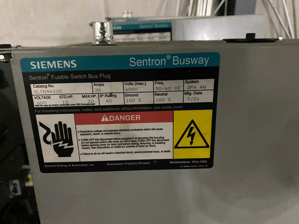 30 Amps, Siemens Sentron, Catalog #SLVBH4610g, 3ph 4 wire Fusible Switch Bus Plugs, 600 Volts - Image 1