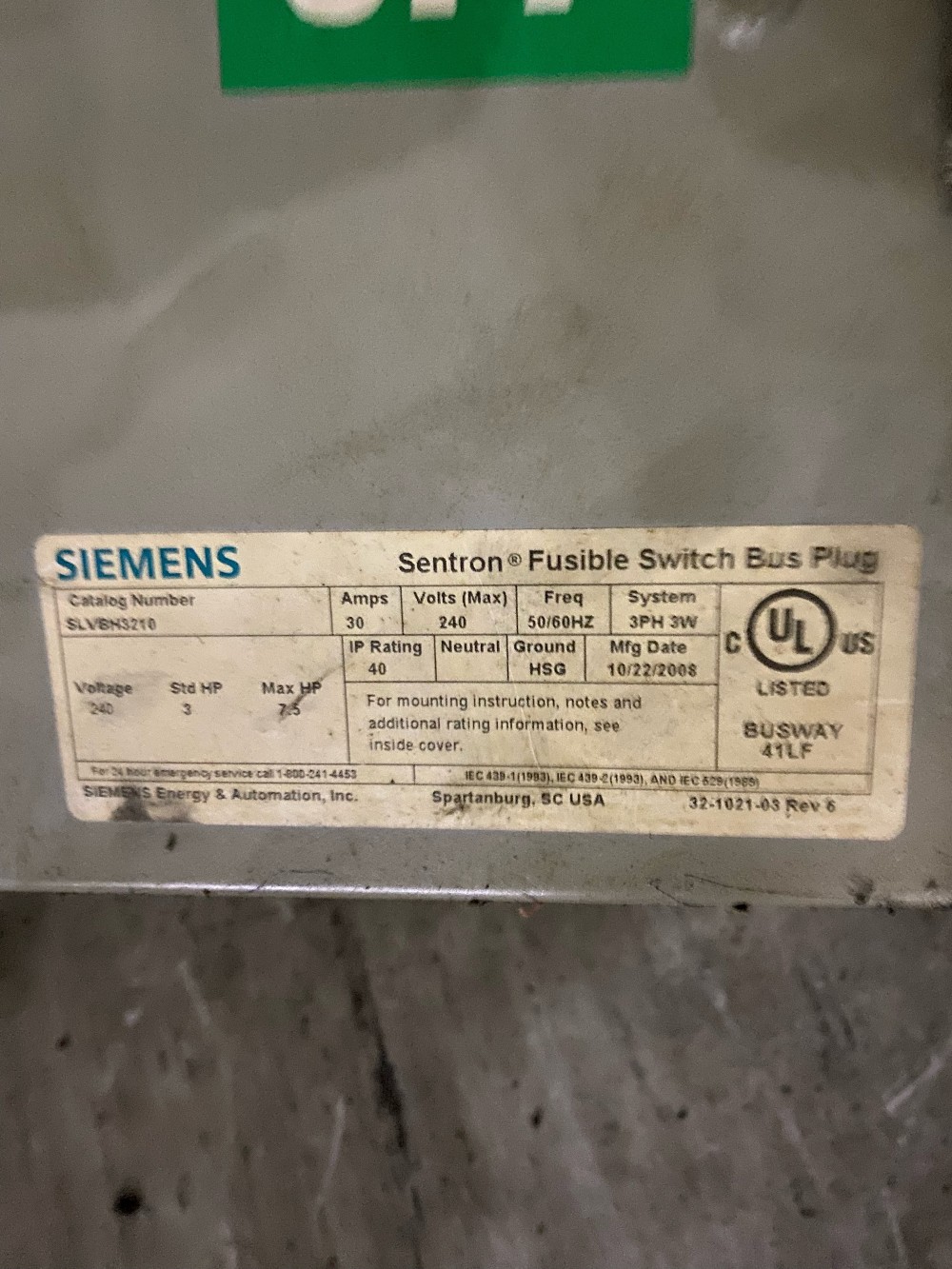 30 Amps, Siemens Sentron, Catalog #3SLVBH3210, 3ph 3wire Fusible Switch Bus Plugs, 240 Volts - Image 1