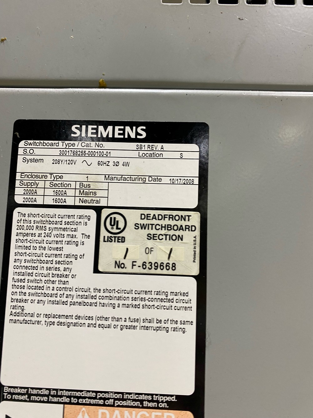 200 Amp. SB3 REV A Switchboard, 208Y/120V, with Eaton Pringle Switch, 208Y/120V. - Image 2