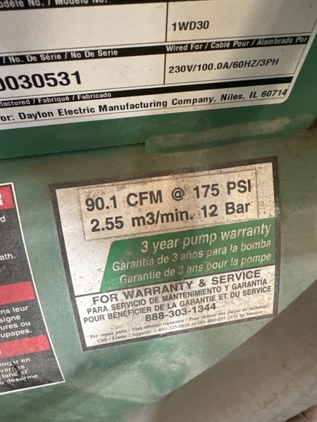 1 HP Dayton Speedaire #1WD38, Compressor, w/Compressed Air Dryer, 91 cfm, 175 psi, 230 V - Image 3