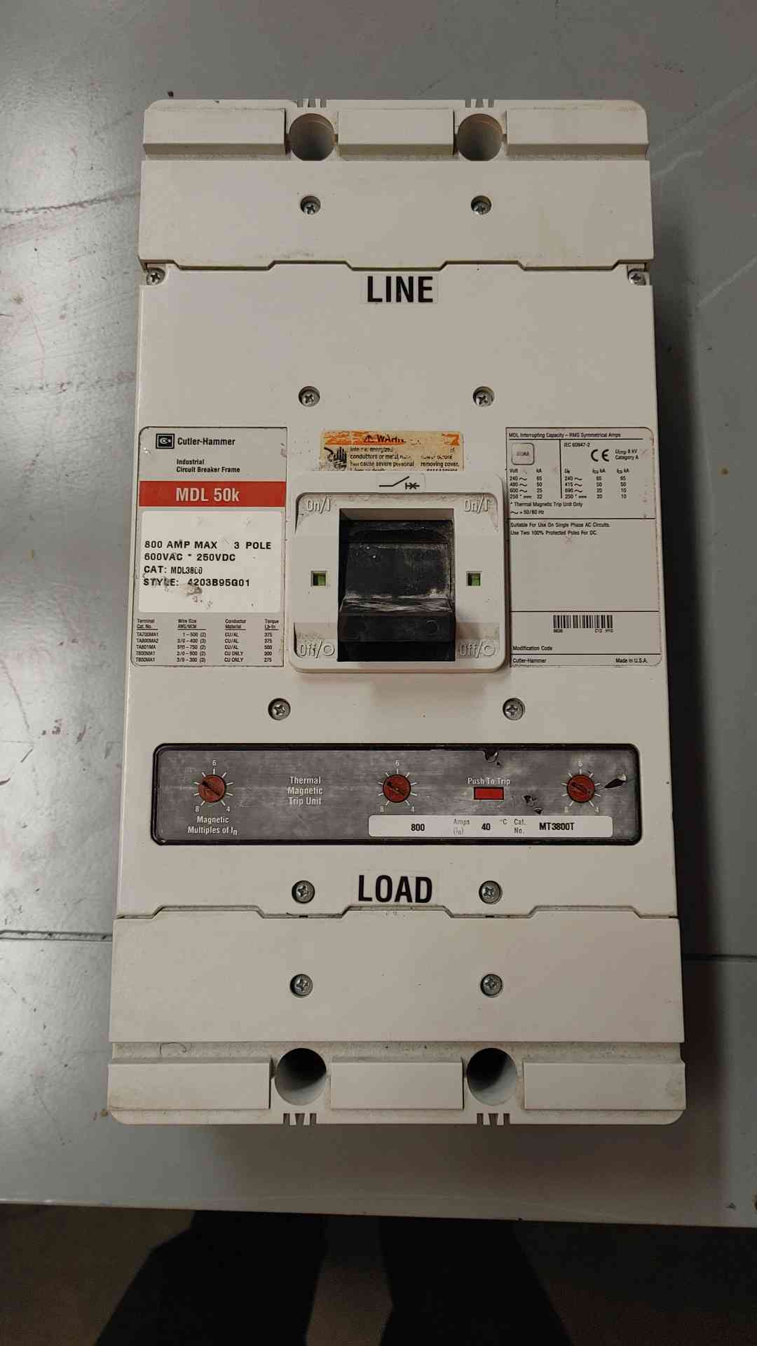 Cutler-Hammer MDL-50K, MDL3800, 800 Amp, Industrial Circuit Breaker, 3P, 600 VAC - Image 2