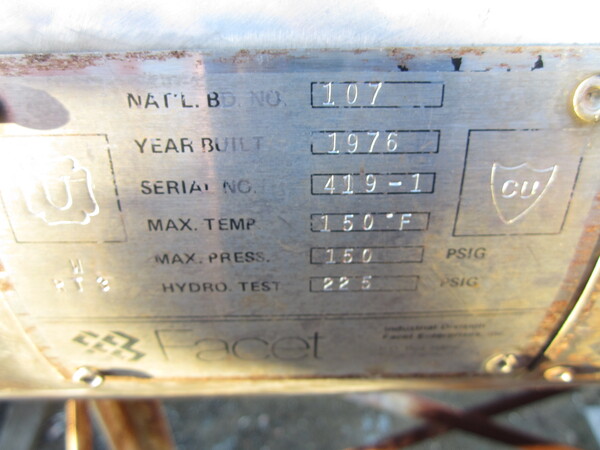 Facet, Coalescer, 10" diameter x 66" L Horizontal Chamber, On 40" H Stand, 150 psi @ 150°F, 1976 - Image 3