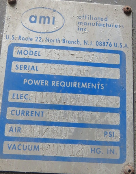 Affiliated Manufacturers Inc. #MSP-465B, Printing Press, 80/90 psi Air, 12" Hg. Vacuum, 5 Amps, 110 V - Image 2