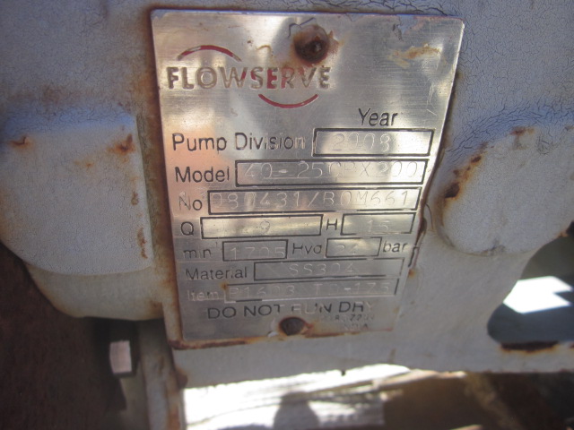 40 GPM, Flowserve #40-25CPX200, Stainless Steel Centrifugal Pump, Horizontal, CF8 Wetted Parts, 2 HP, 2008 - Image 2