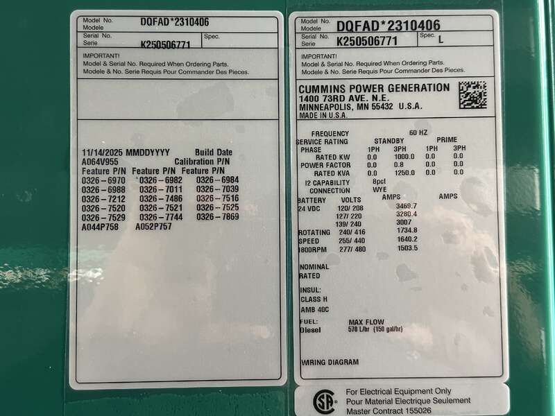 1000 KW Cummins #DQFAD, diesel generator set, 277/480 Volts, 1490 HP @ 1800 RPM, QST30-G5 NR2 engine, EPA - Image 9
