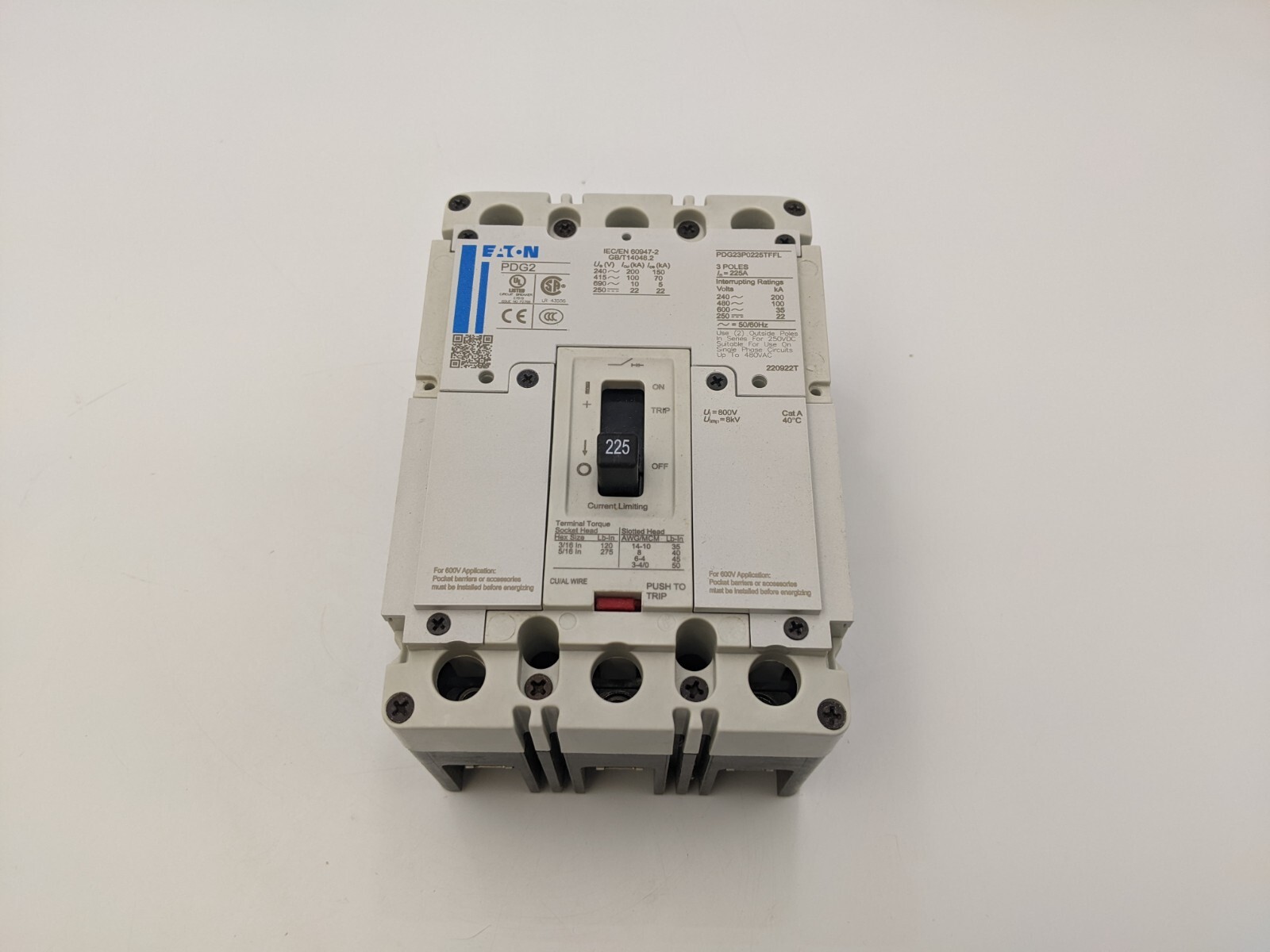 225 Amps, Eaton, PDG23P0225TFFL, Circuit Breaker, 3 Pole, 600 V - Image 3
