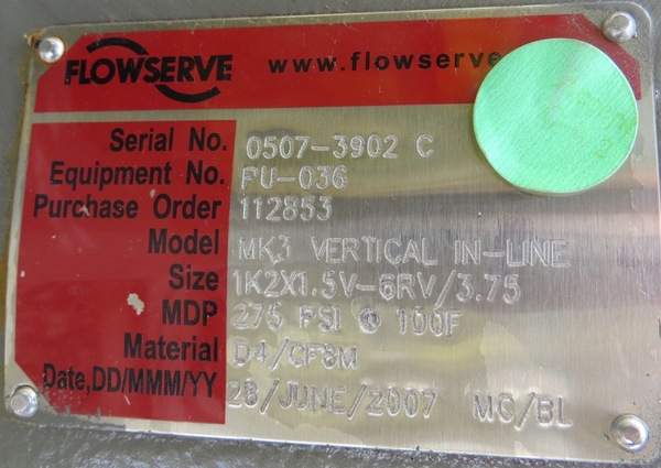 Flowserve #MK3, Vertical In-Line Pump, 2" x 1.5", 275 psi @ 100°F, 5 HP, 2007 - Image 4