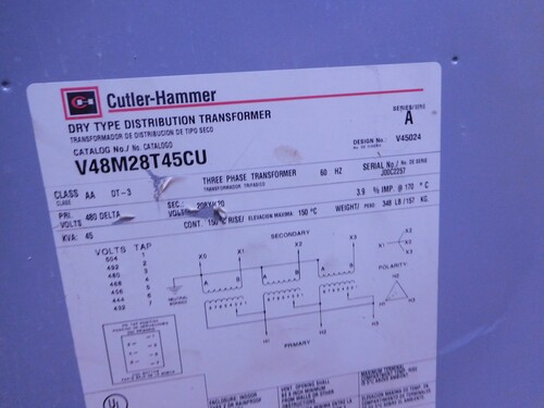 45 KVA 480 Delta Primary, 208Y/120 Secondary, Cutler-Hammer V48M28T45CU, dry type transformer, class AA - Image 10