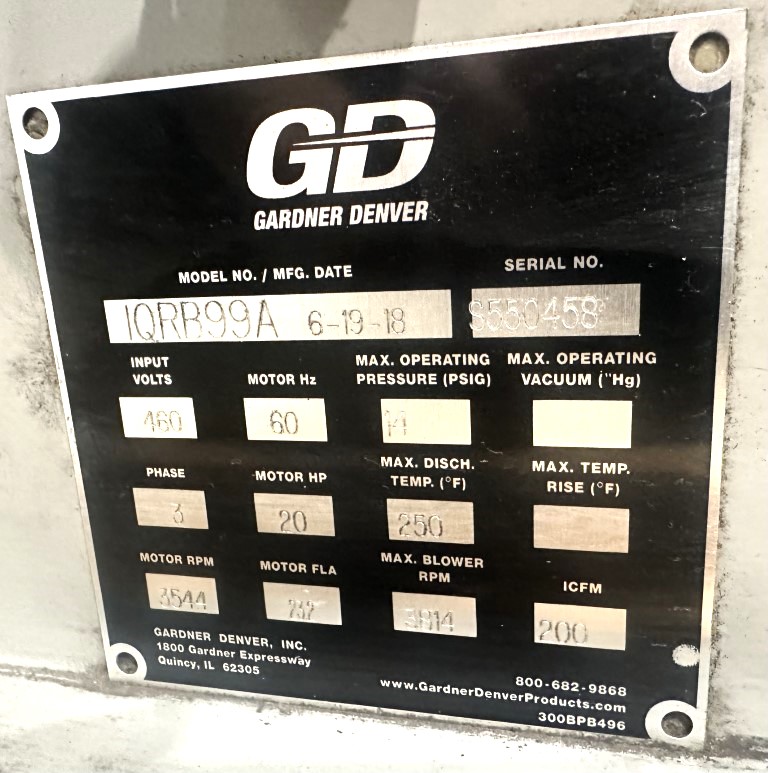 200 icfm, 14 psig, Gardner Denver #IQ-RB, blower package IQRB99A & RBS35LHBD, 20 HP - Image 3