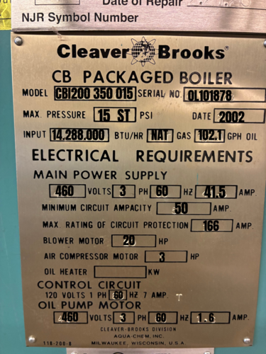 350 HP Cleaver-Brooks #CB, Steam Boiler, 15 PSI, 14,288,000 BTUH, 2002 (3 available) - Image 2