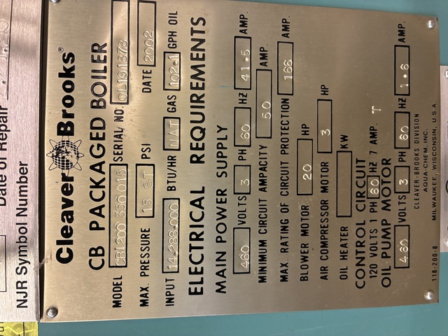350 HP Cleaver-Brooks #CB, Steam Boiler, 15 PSI, 14,288,000 BTUH, 2002 (3 available) - Image 3
