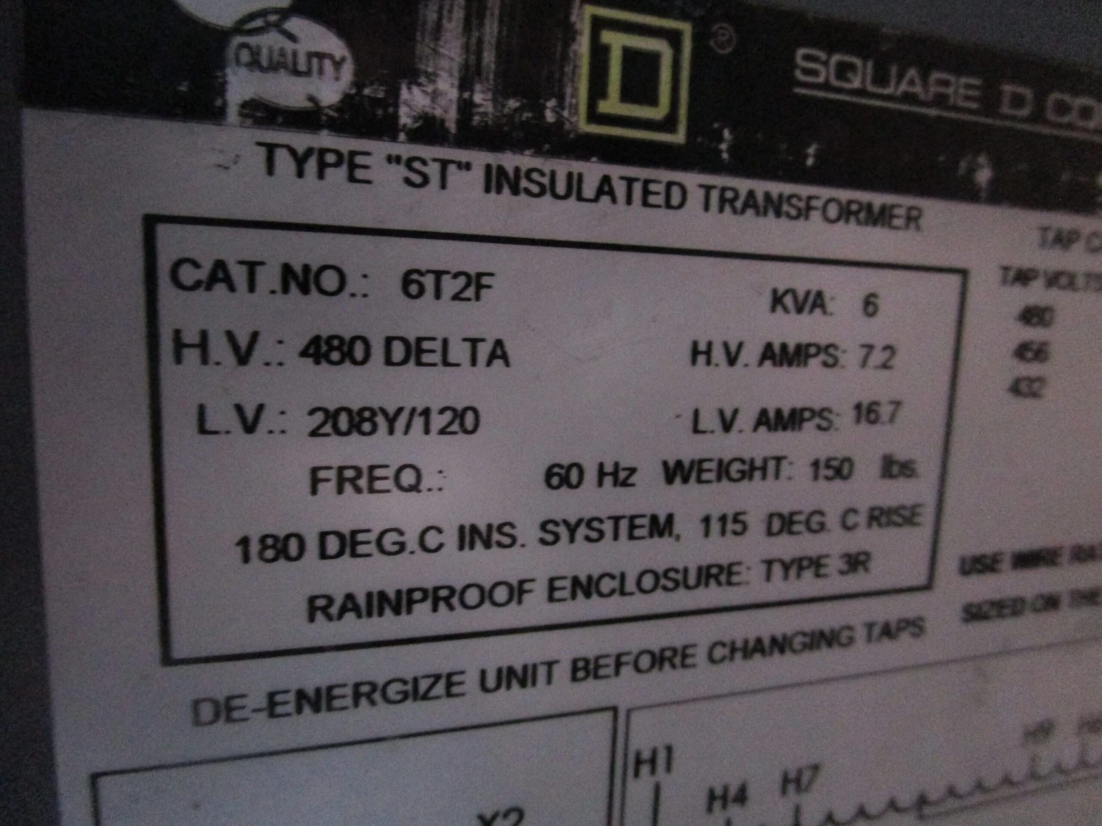 6 KVA 480 Delta Primary, 208Y/120 Secondary, Square D 6T2F, transformer, 7.2-16.7A, 3R, type STCLAS - Image 2