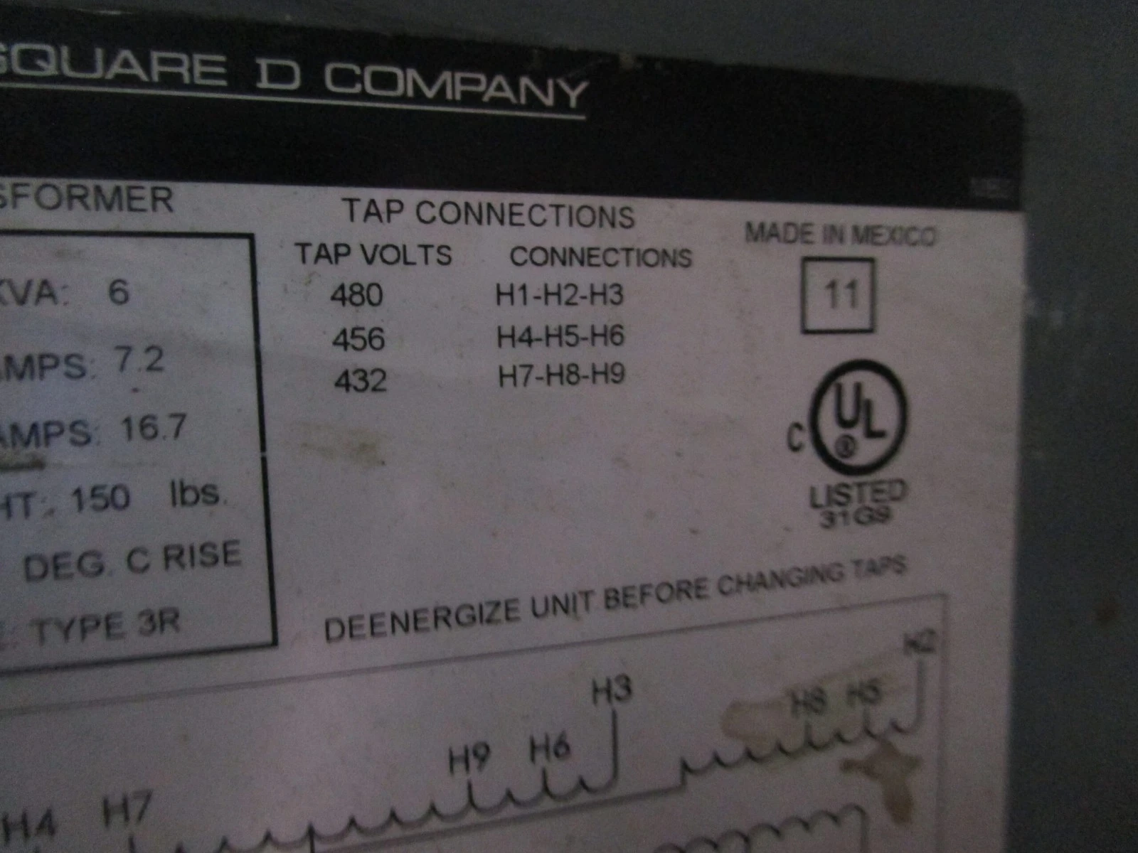 6 KVA 480 Delta Primary, 208Y/120 Secondary, Square D 6T2F, transformer, 7.2-16.7A, 3R, type STCLAS - Image 3