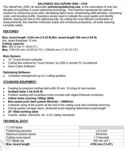 Salvamac #Salvapush-2000, Optimizing Saw, 20" blade, 240/480 V., 3ph, 1.64'-13.45' board L, 296 FPM feed, 2024 - Image 8
