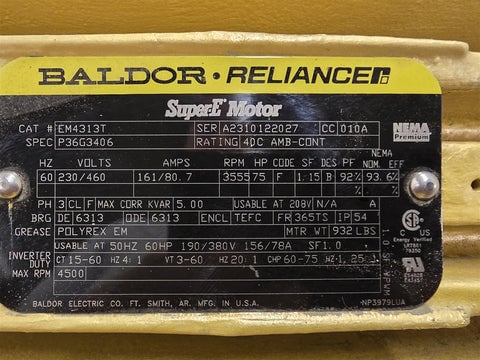 75 HP 3600 RPM Baldor EM4313T, Frame 365TS, TEFC, 2P, 230/460 Volts - Image 2