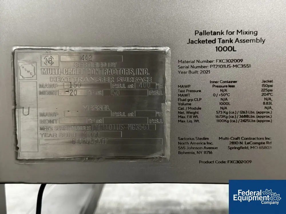 264.2 gallon Sartorius, Palletank for Mixing, Jacketed, 2021 - Image 2