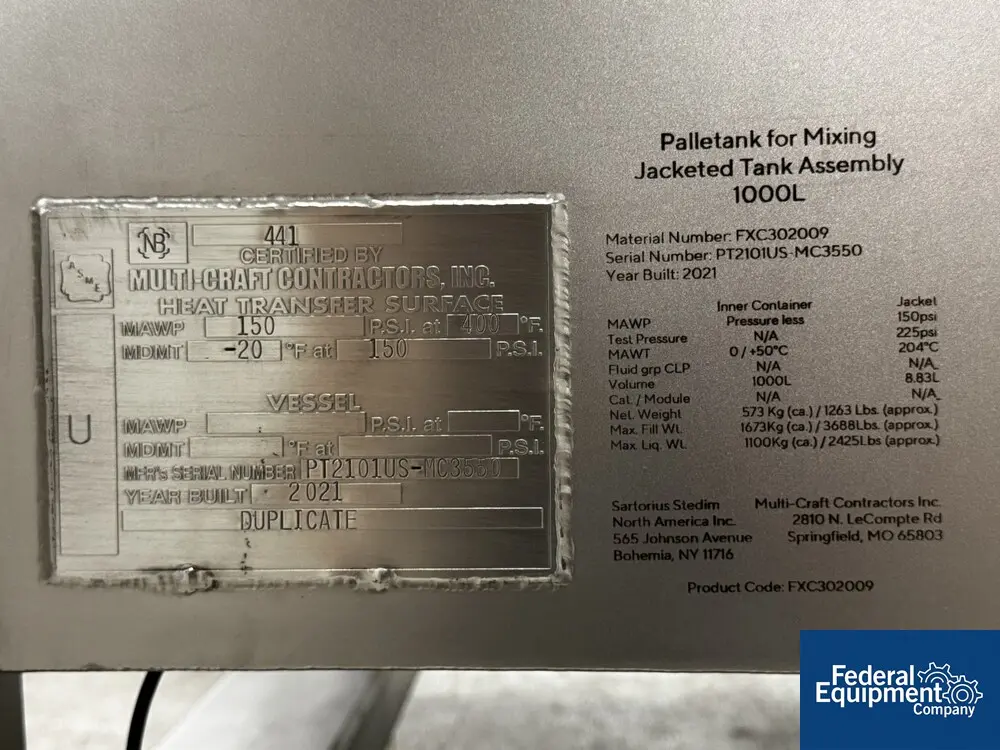 264.2 gallon Sartorius, Palletank for Mixing, Jacketed, 2021 - Image 2