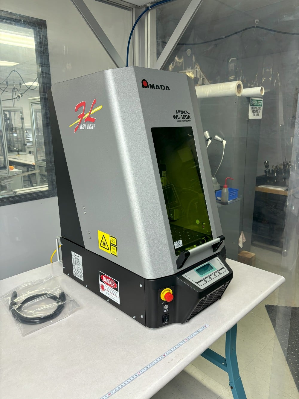Amada #WL-P102A and LM-F010A, Fiber Laser Marker, Class 1 Enclosure, Z-stage, & Fume Extraction Kit, unused - Image 1