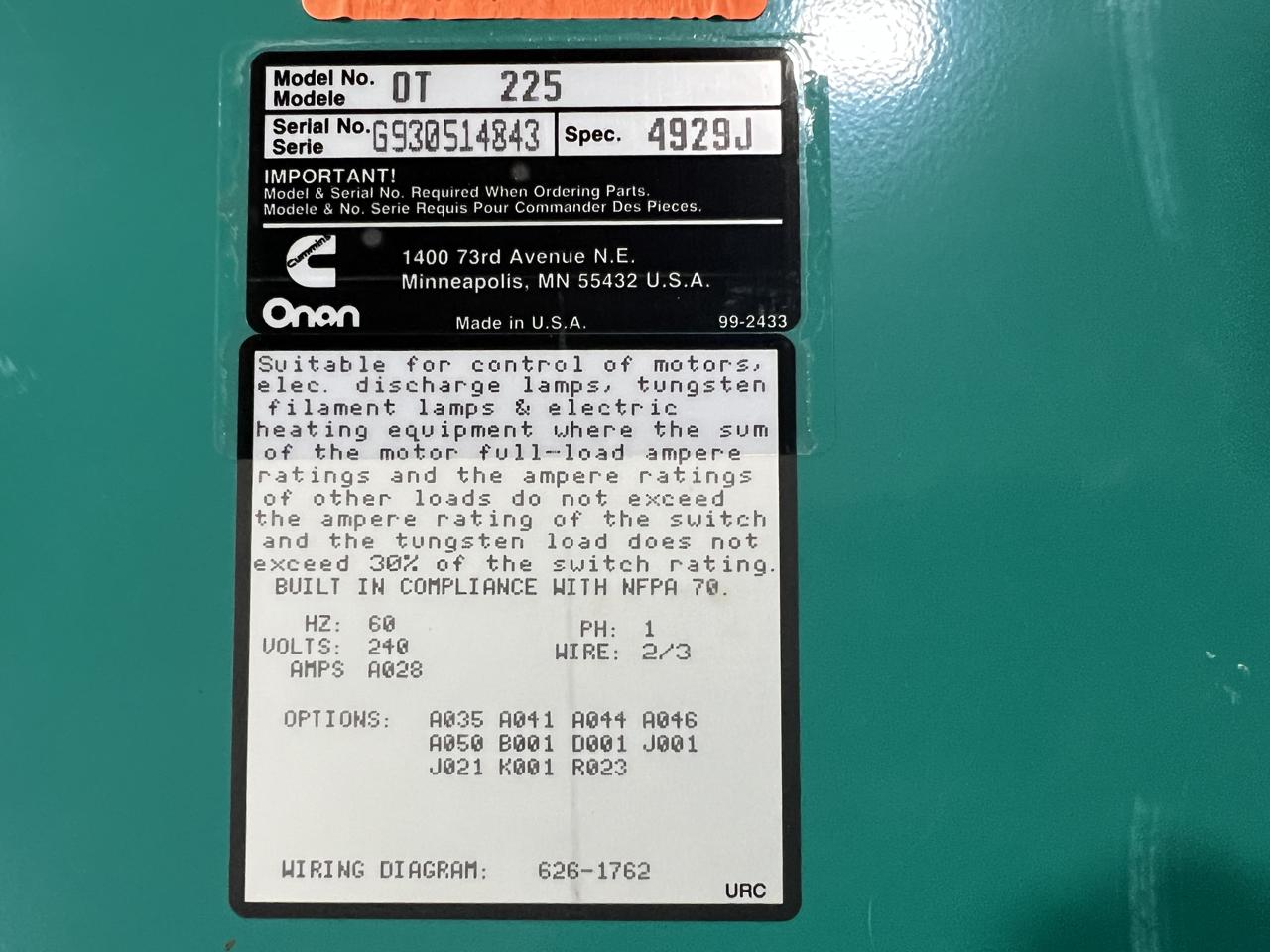 Cummins, Onan #OT225, automatic transfer switch, 240 Volts, 1 phase, Nema 1, 1993 - Image 6