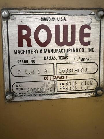 20000 lb. Rowe #20030-DSJ, motorized coil reel uncoiler, 30" width, 60" outside dimensions, pneumatic hold - Image 2