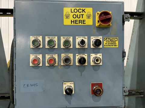 20000 lb. Rowe, motorized coil reel uncoiler, 80" mandrel width, hydraulic expansion, hold down arm - Image 3