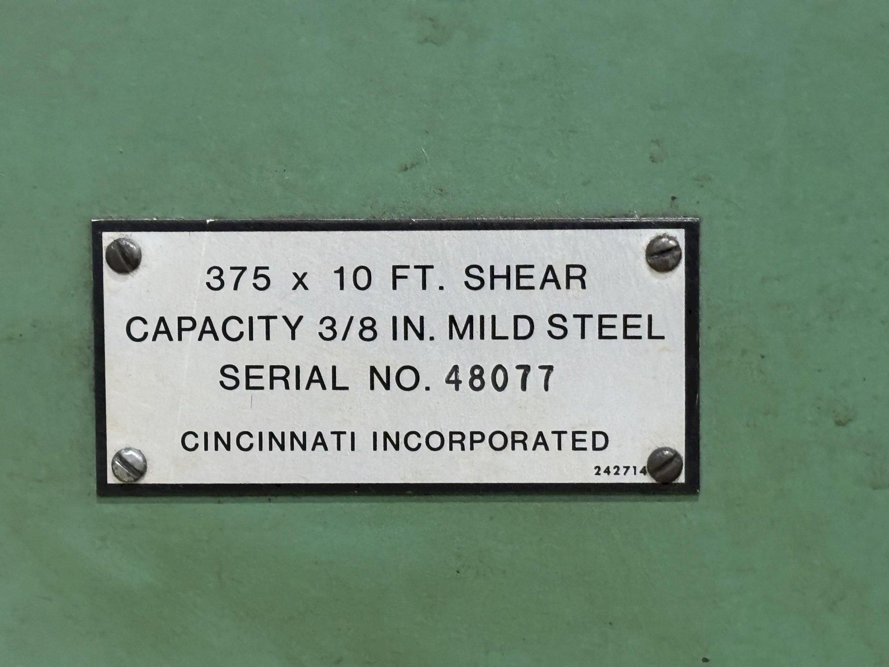 3/8" x 10' Cincinnati #375X10, hydraulic shear, 12 hydraulic holddown, 48" front operated power back gauge - Image 3