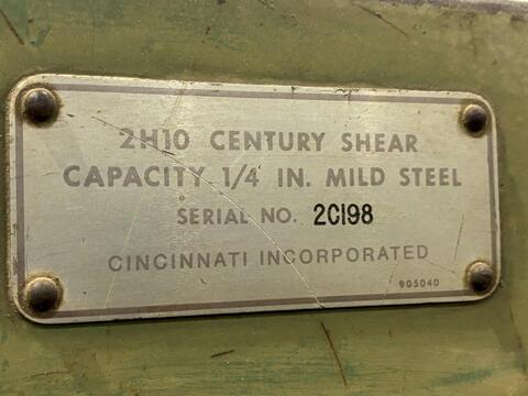 1/4" x 10' Cincinnati #2H10-Century, hydraulic power shear, 10' 6" blade, 11 hydraulic holddowns, 36" front - Image 2