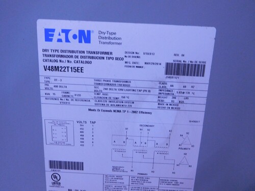 15 KVA 480 Delta Primary, 240/120 Delta Secondary, Eaton V48M22T15EE class AA transformer - Image 3