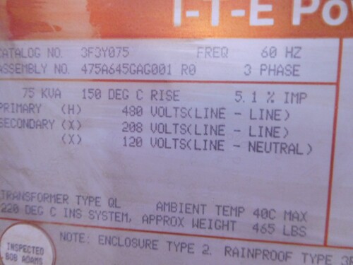 75 KVA 480 Delta Primary, 208Y/120 Secondary, ITE 3F3Y075 type QL transformer - Image 3
