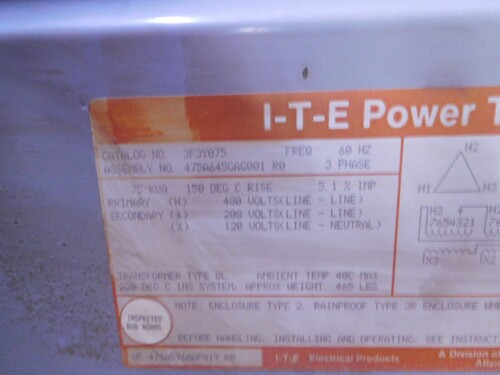 75 KVA 480 Delta Primary, 208Y/120 Secondary, ITE 3F3Y075 type QL transformer - Image 4