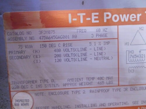 75 KVA 480 Delta Primary, 208Y/120 Secondary, ITE 3F3Y075 type QL transformer - Image 5