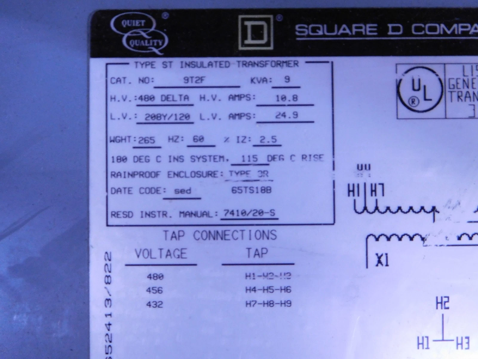 9 KVA 480 Delta Primary, 208Y/120 Secondary, Square D, 9T2F transformer, 3R - Image 8